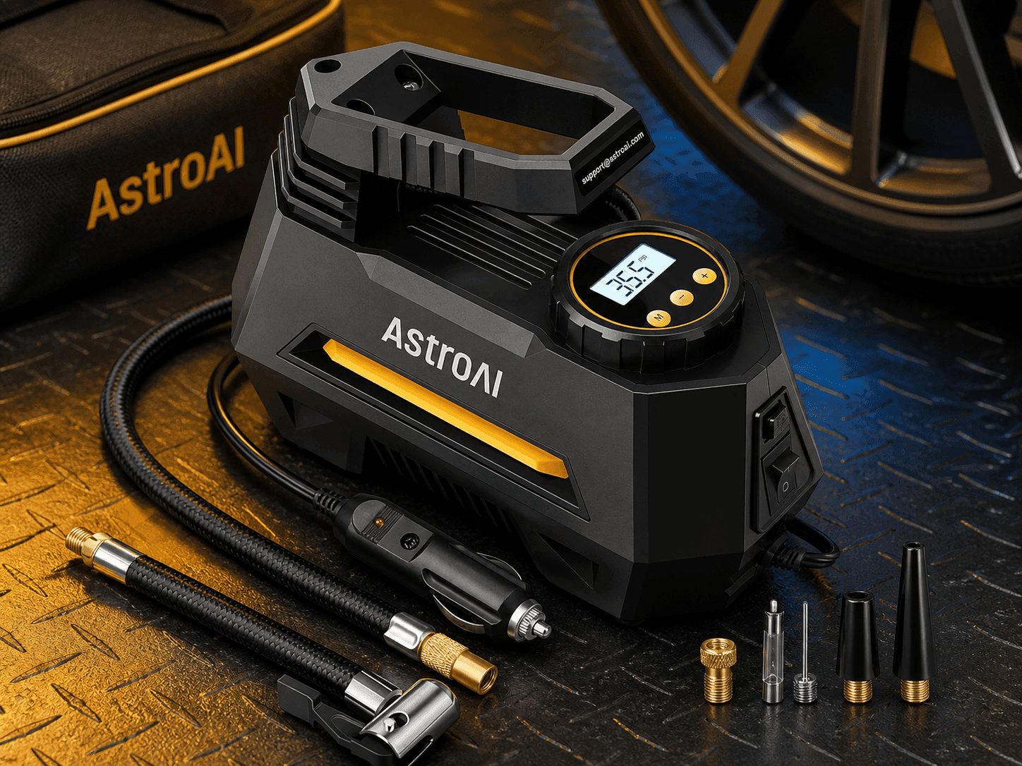 AstroAI AIRUN H Tire Inflator Portable Air Compressor connected to car tire with digital display showing PSI reading