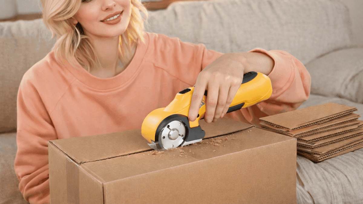 Woman using an LKCTB electric cardboard cutter to slice through a cardboard box on a sofa.