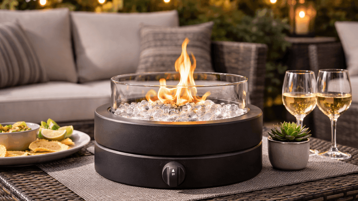Amazon Basics 14-inch round propane fire pit burning on outdoor patio table at night