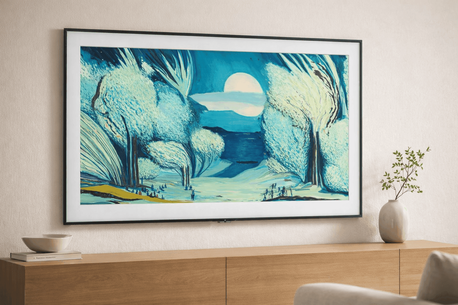Samsung 55-Inch The Frame LS03F 4K QLED TV displaying artwork on wall