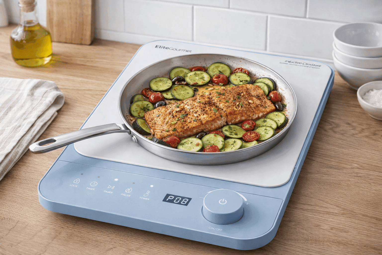 Portable Elite Gourmet SlimStore induction cooktop in small kitchen setup