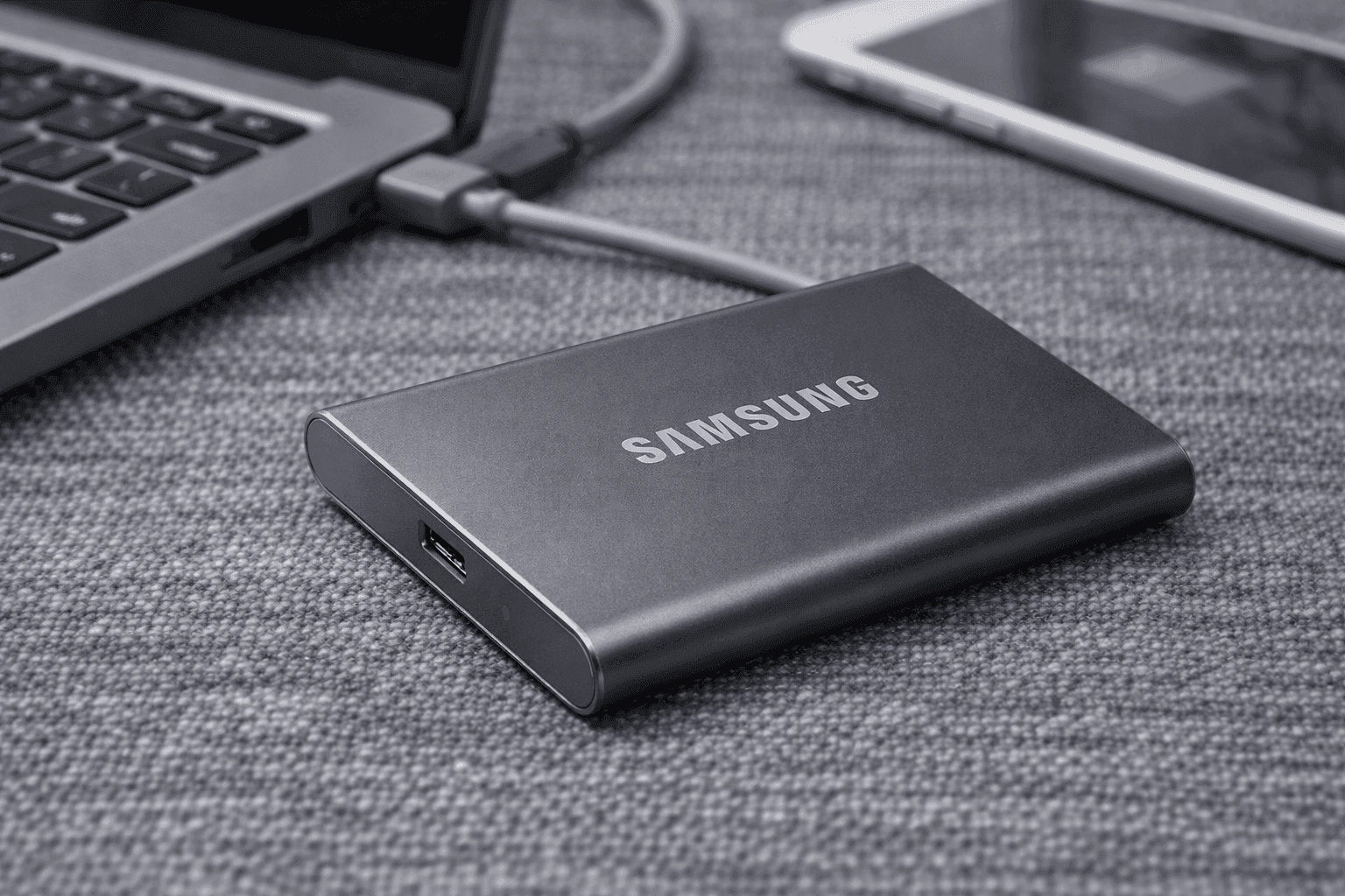 Samsung T7 Portable SSD sleek aluminum design for fast data transfer