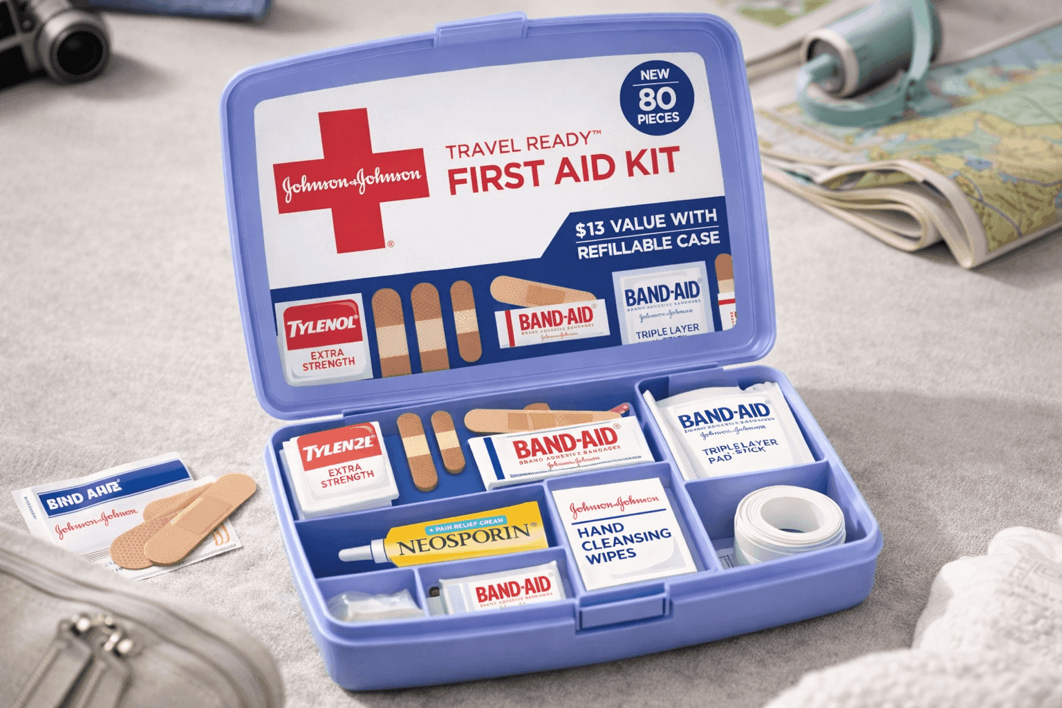 BAND-AID Travel Ready First-Aid Kit with compact case and medical supplies
