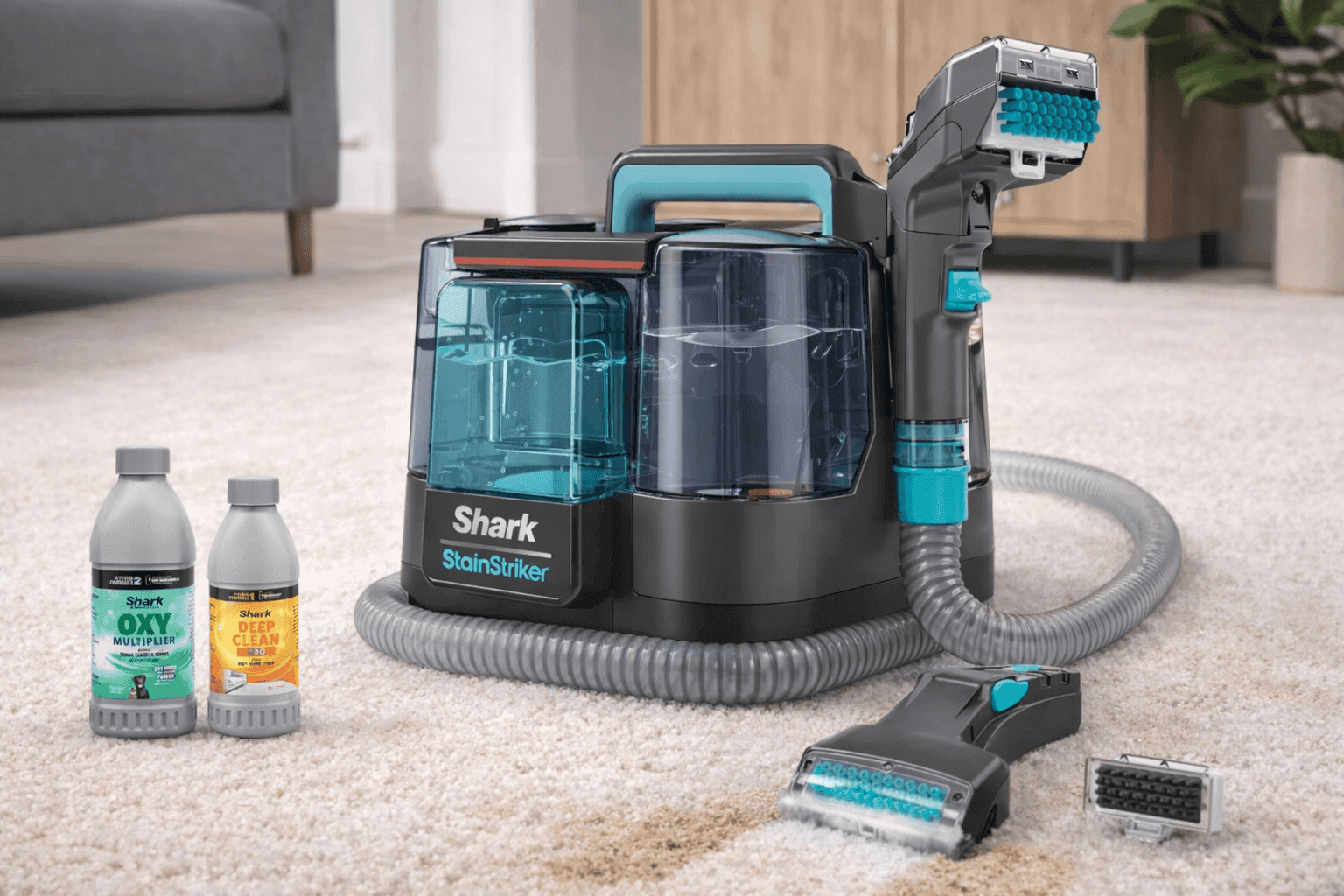 Shark StainStriker Portable Carpet Cleaner removing tough carpet stain with handheld brush attachment in a modern home interior