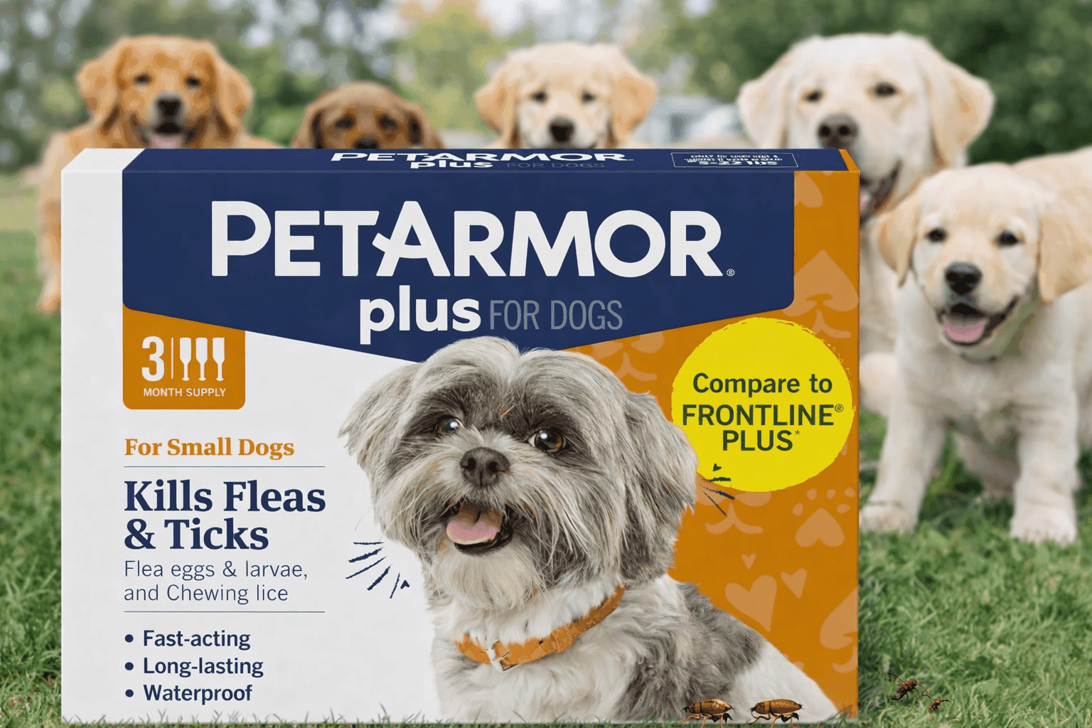 Dog receiving topical PetArmor Plus flea and tick prevention treatment on neck at home