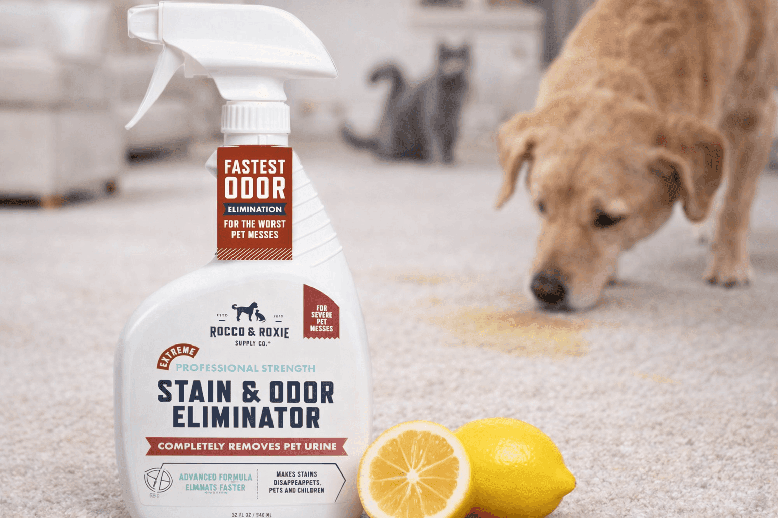 Rocco & Roxie Extreme Stain & Odor Eliminator spray bottle removing pet stains from carpet