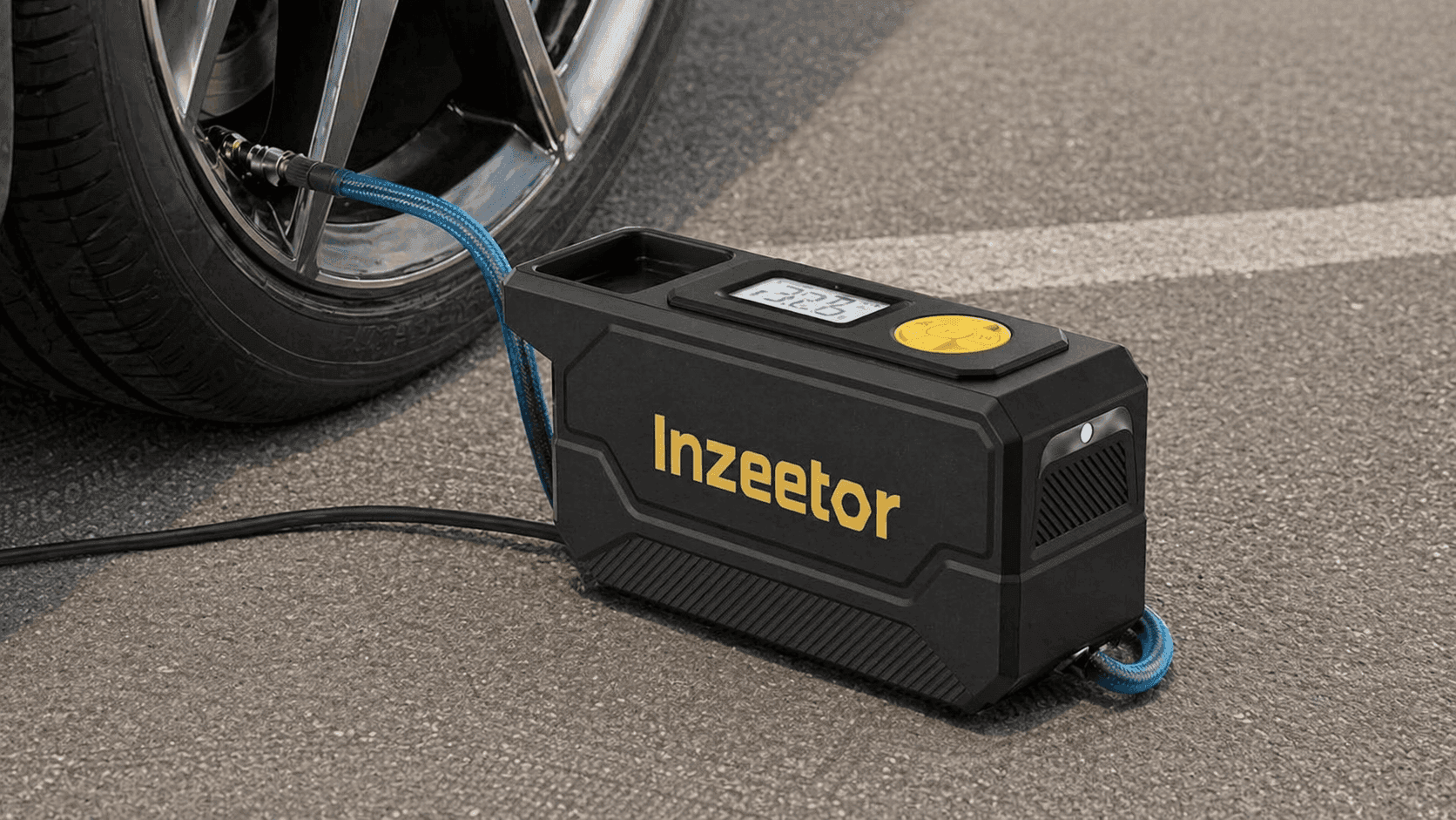 Portable Inzeetor air compressor inflating car tire with digital pressure display outdoors