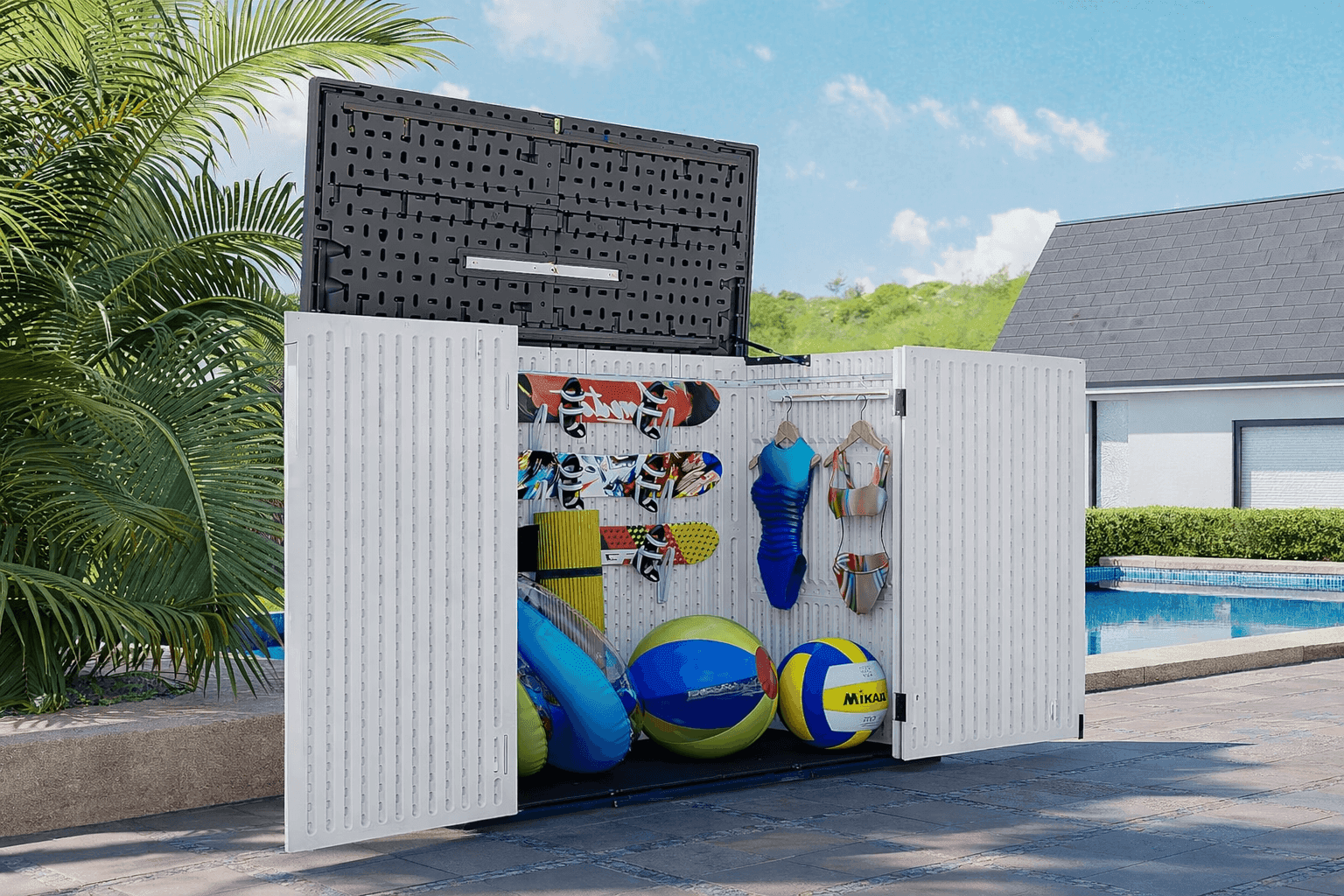 AOXUN horizontal storage shed organizing running shoes and accessories