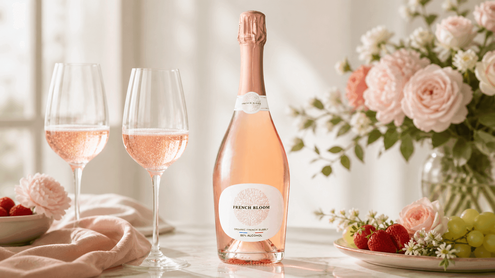 French Bloom Le Rosé Sparkling Wine bottle with pale pink hue and elegant packaging displayed on a table