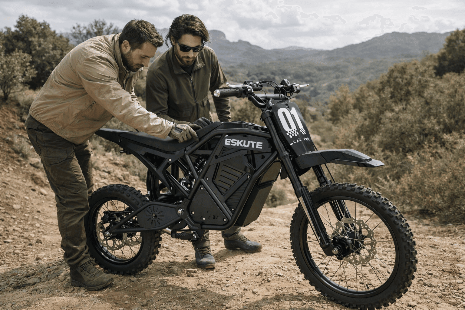 “ESKUTE electric dirt bike for adults riding on rugged terrain”