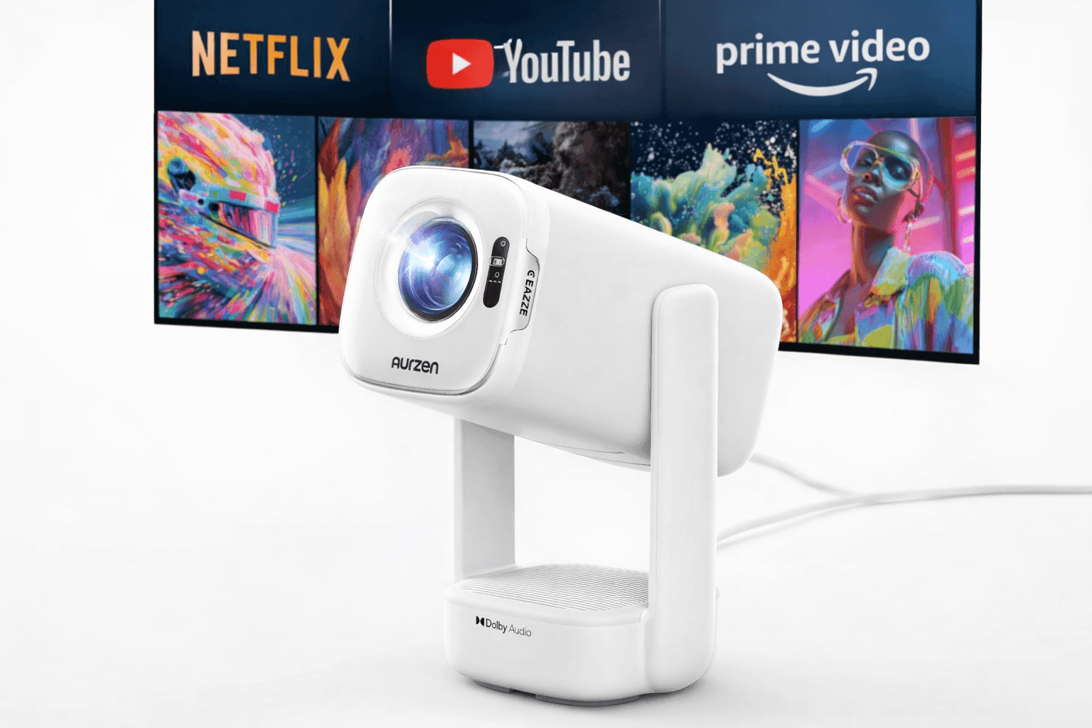 Aurzen D1 Air Smart Portable Projector displaying Netflix, YouTube, and Prime Video with a compact white design and front-facing lens on a stand