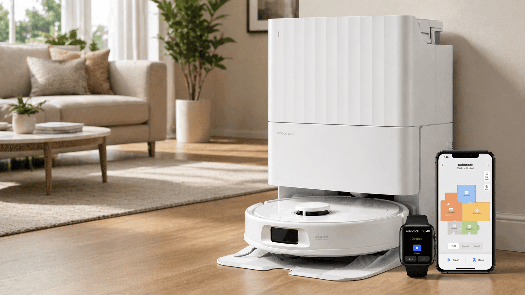 Roborock Qrevo Series Robot Vacuum with mop dock in living room setup