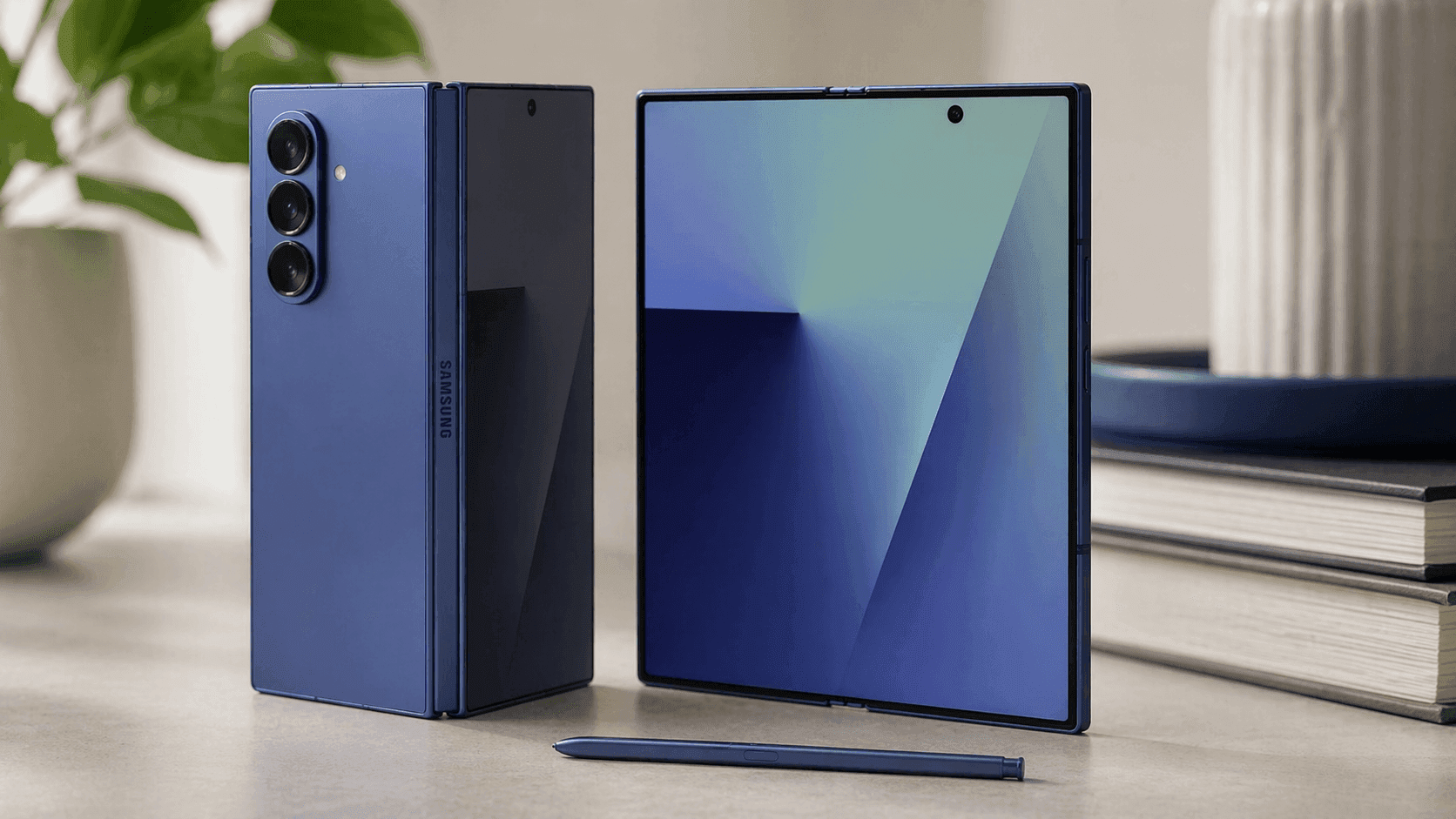 Samsung Galaxy Z Fold7 unfolded showing large AMOLED display with multitasking apps open side by side on a premium foldable smartphone