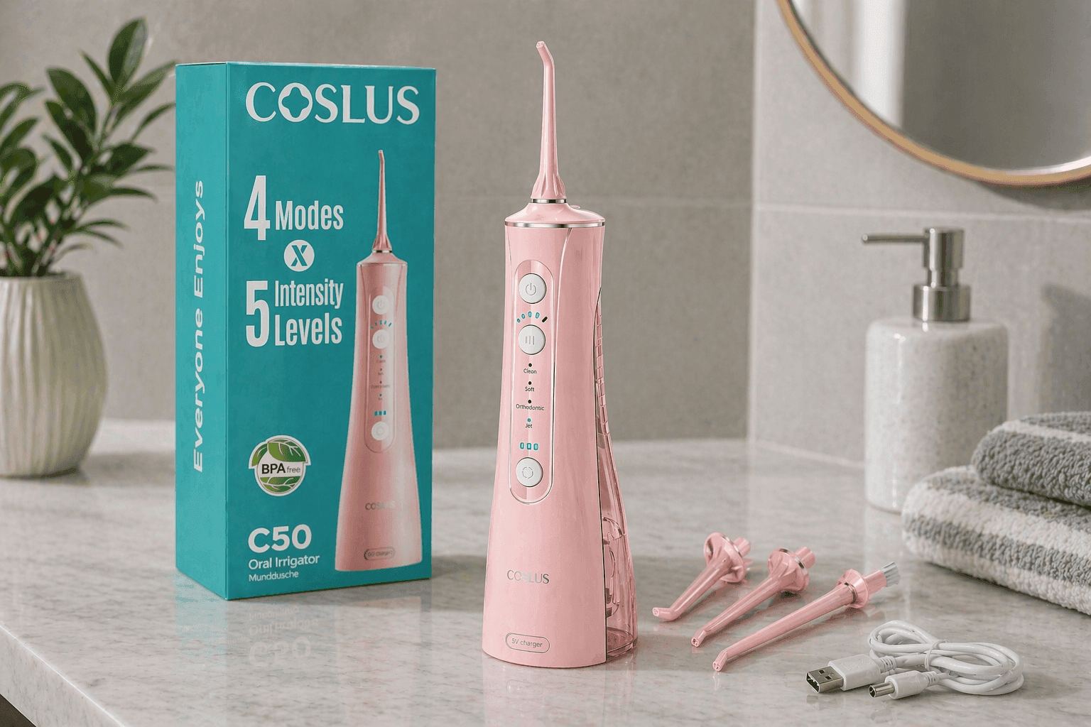COSLUS C50 Portable Water Flosser with detachable tank, multiple tips, and USB charging on bathroom countertop
