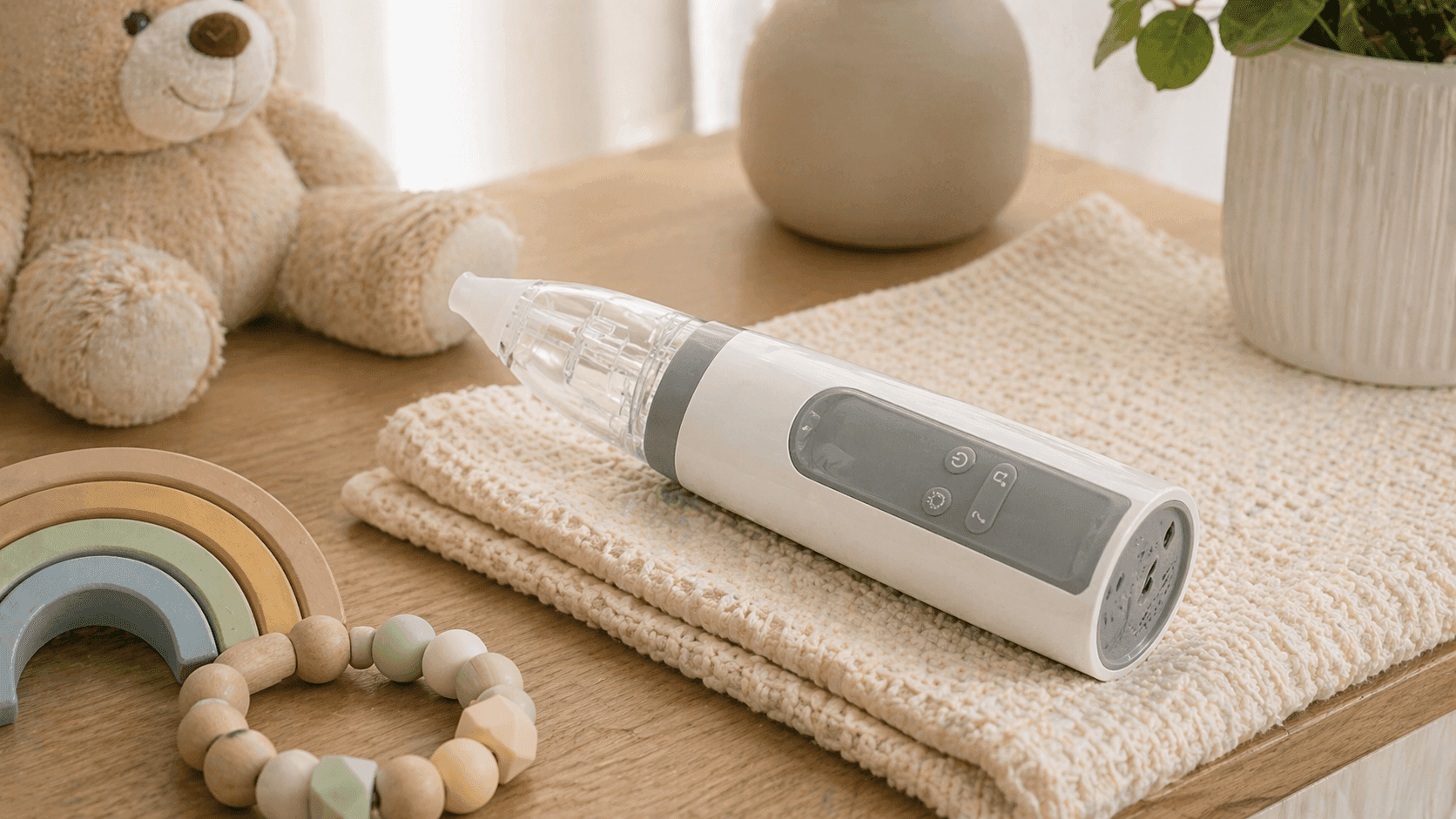 GROWNSY nasal aspirator gently clearing baby’s stuffy nose with soft silicone tip