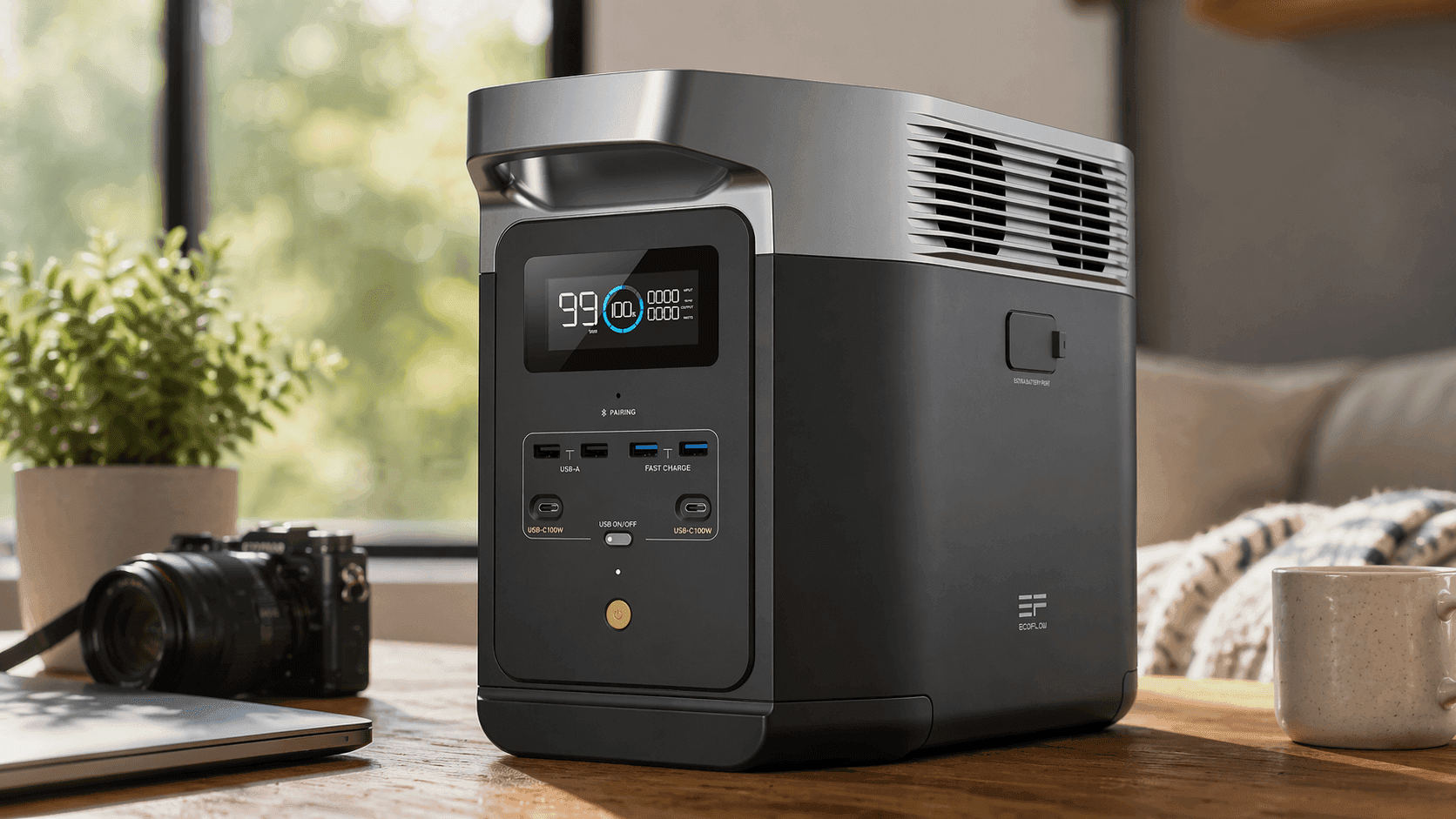 EcoFlow DELTA 2 portable power station powering multiple devices during outdoor camping setup