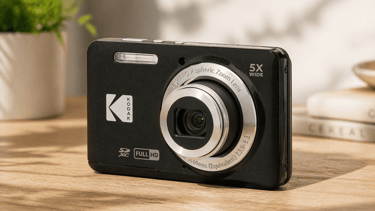 Kodak PIXPRO FZ55 Digital Camera in black, featuring a 5x optical zoom lens, placed on a wooden surface with a soft, blurred indoor background.