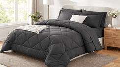 CozyLux Queen Comforter Set in gray with matching shams on modern queen bed