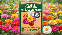 PUMILA Zinnia Mix Cut & Come Again seed packet with 300 seeds, surrounded by colorful blooming zinnias in a garden setting