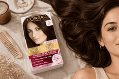 L’Oreal Paris Excellence Crème Permanent Hair Dye box with shade label, 3-step system, and gray coverage formula displayed on clean background