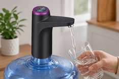 Cozy Blue Water Bottle Pump dispensing water from 5 gallon jug in kitchen setting