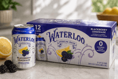“Waterloo Sparkling Water cans in assorted fruit flavors, zero-calorie healthy beverage option”