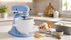 KitchenAid Ice Cream Maker attachment churning homemade vanilla ice cream in stand mixer bowl
