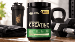 Alt text: Optimum Nutrition Micronized Creatine Monohydrate Powder container beside shaker bottle and gym equipment on workout bench