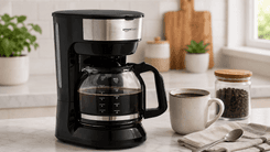 Modern Amazon Basics Coffee Maker brewing fresh drip coffee in a compact kitchen setup