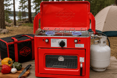 Hike Crew Outdoor Gas Camping Oven cooking meals at an outdoor campsite setup