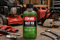STA-BIL Fast Fix product image with lawn mower engine maintenance setup