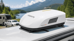 Modern RV with FOGATTI 16K BTU rooftop air conditioner parked at summer campground