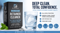 M3Naturals Retainer Cleanser Tablets dissolving in water cleaning dental retainer