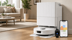 Roborock Qrevo Series Robot Vacuum with mop dock in living room setup