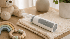 GROWNSY nasal aspirator gently clearing baby’s stuffy nose with soft silicone tip