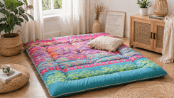 MAXYOYO Bohemian Futon Floor Mattress with boho pattern on hardwood floor in modern small apartment living space