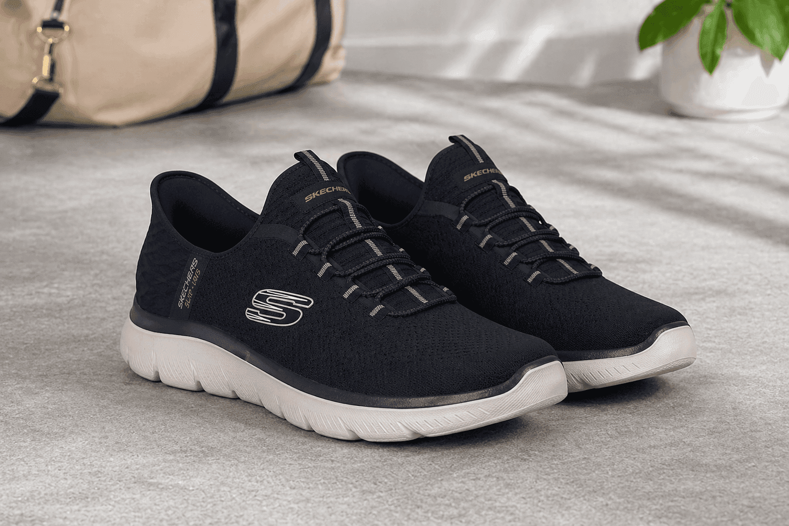 Skechers memory foam slip in sneaker worn with jeans casual style