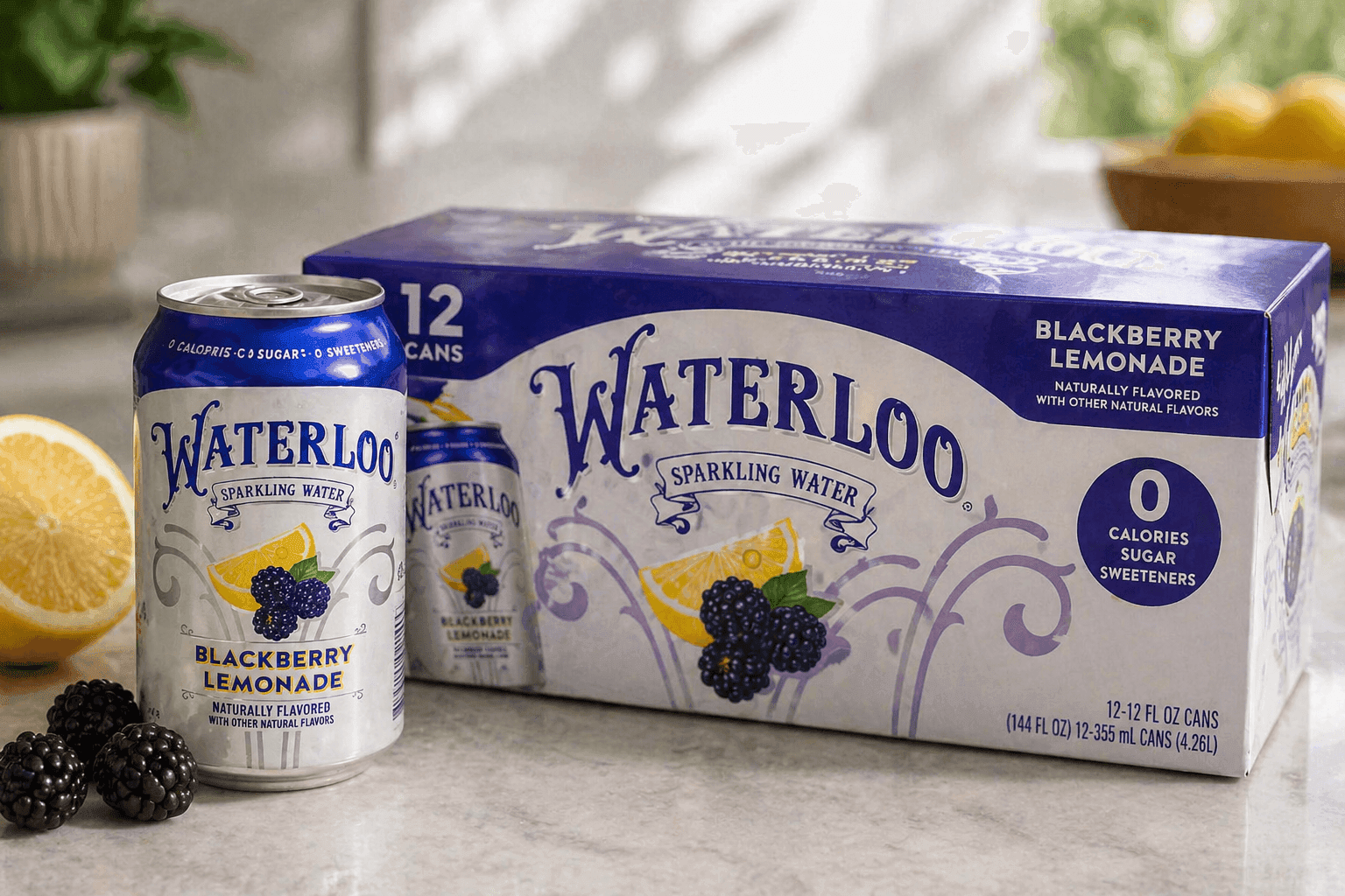 “Waterloo Sparkling Water cans in assorted fruit flavors, zero-calorie healthy beverage option”