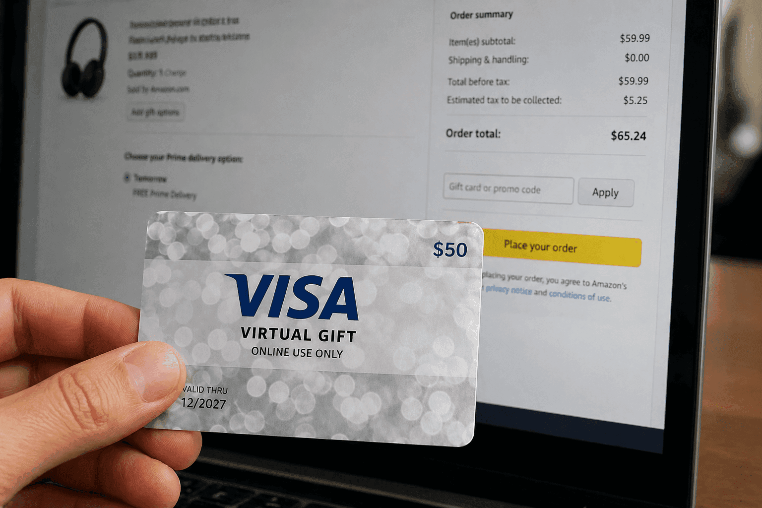Visa Virtual eGift Card used for online shopping on laptop