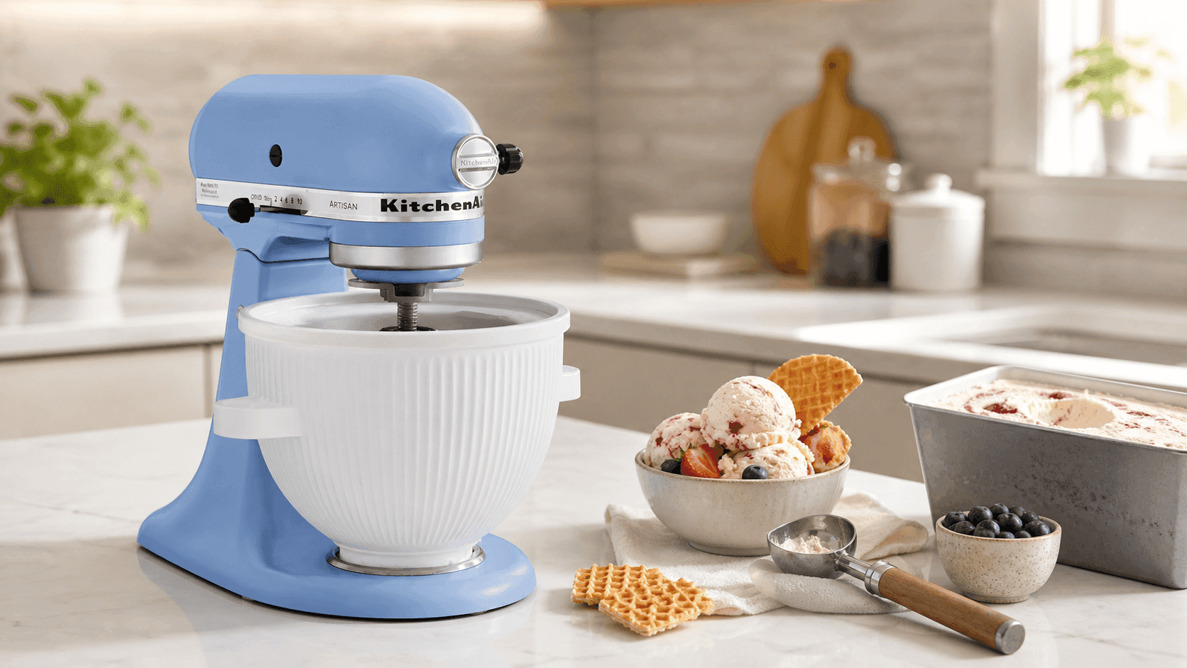 KitchenAid Ice Cream Maker attachment churning homemade vanilla ice cream in stand mixer bowl