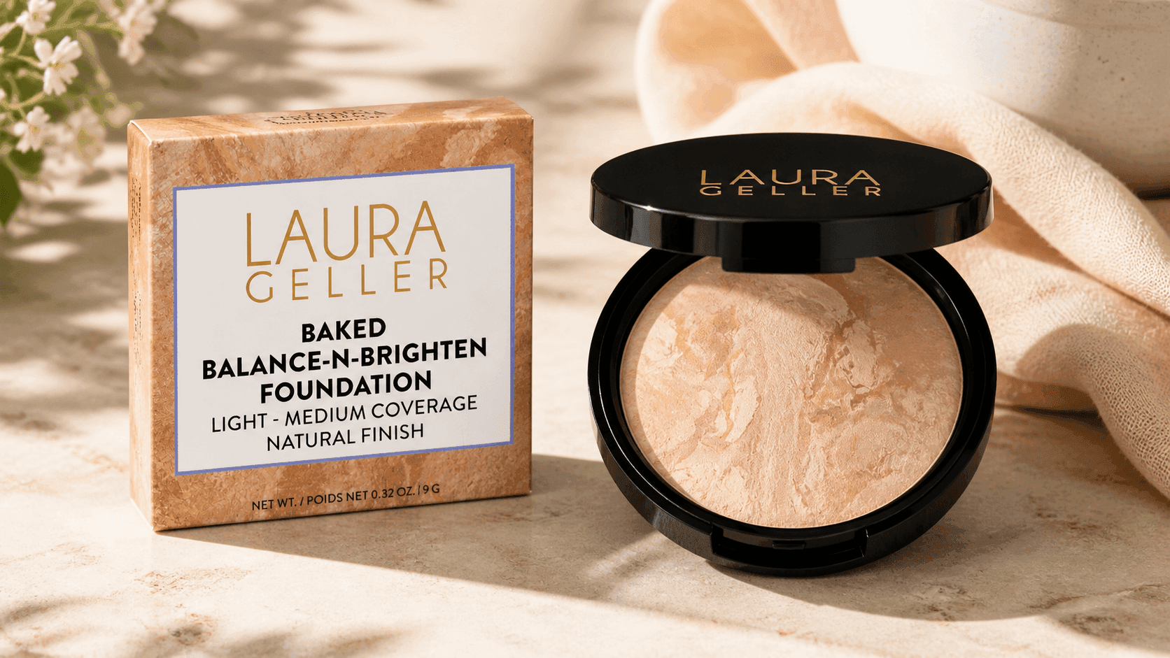 Lightweight LAURA GELLER powder foundation with smooth natural skin finish