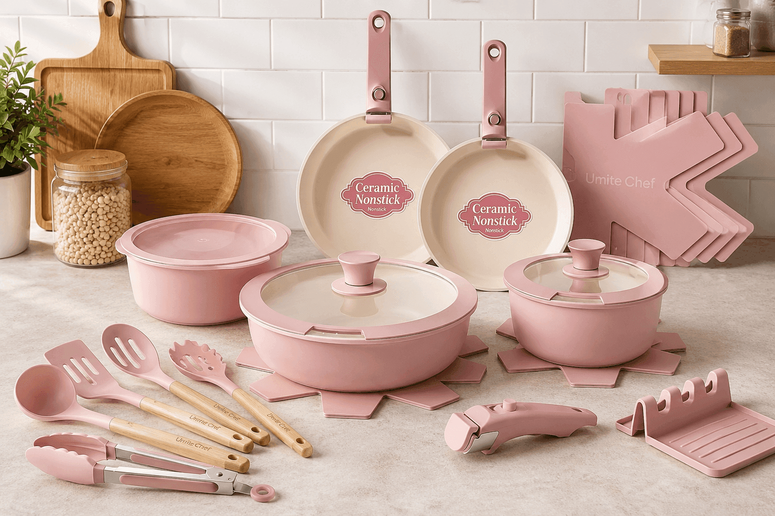 Umite Chef Pots and Pans Set Non Stick cookware collection displayed in modern kitchen with durable granite coating and ergonomic handles