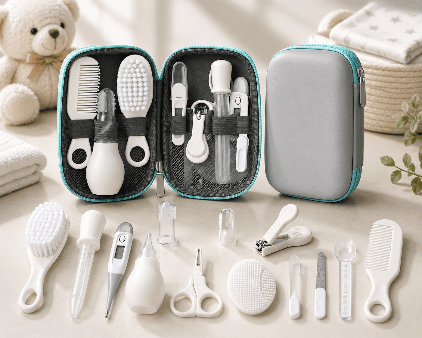 WXA 14-in-1 Baby Grooming Kit with baby nail clippers, brush, comb, and healthcare tools in portable travel case