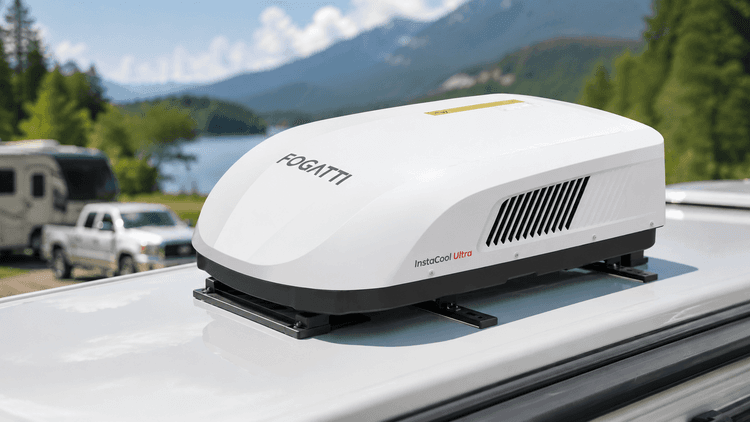 Modern RV with FOGATTI 16K BTU rooftop air conditioner parked at summer campground
